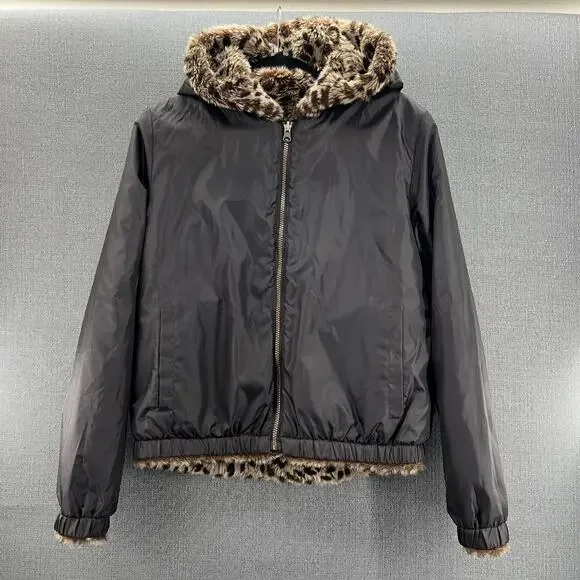 VTG OP Ocean Pacific Faux Fur‎ Animal Print Full Zip Reversible Hooded Jacket XL - Picture 10 of 14